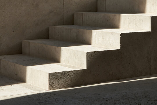 Close up of concrete steps in a minimalist architectural setting with harsh sunlight creating strong geometric shadows on the stone surface