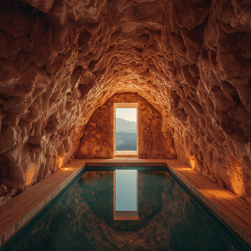 Indoor swimming pool inside a natural rock cave with wooden deck flooring and a view of distant mountains through a rectangular stone doorway