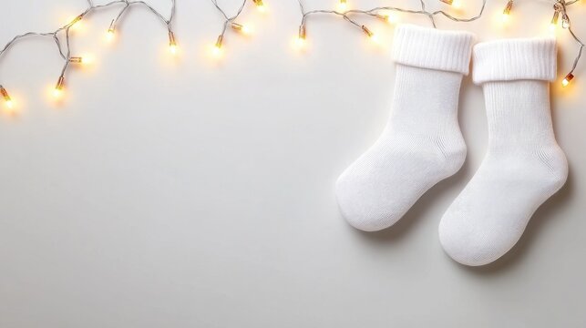 Delightful white socks adorned with twinkling Christmas lights hanging cheerfully against a bright, sunny backdrop