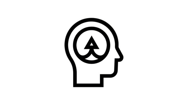 Minimalist abstract icon representing a human head silhouette with an upward arrow inside, symbolizing progress, new ideas, or learning