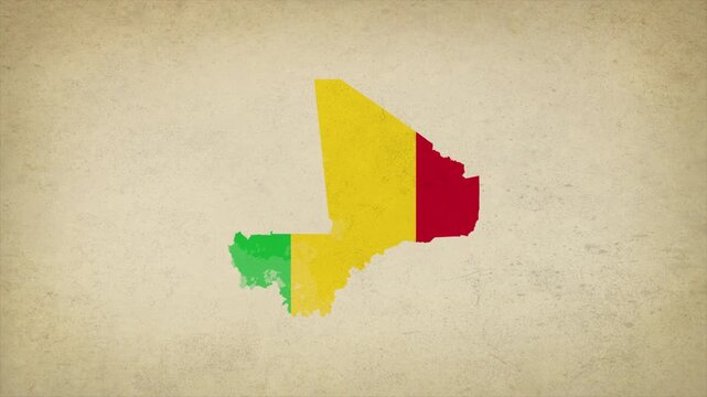 Animated Appearing MALI Map Filled with Flag Isolated on Vintage Background