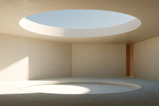 Spacious minimalist interior with a large circular skylight and a recessed circular floor area bathed in natural sunlight within a beige walled room