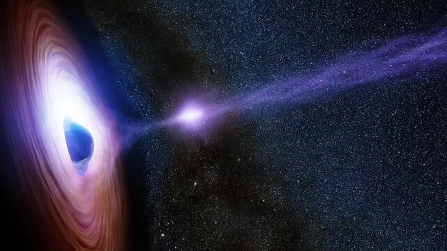 This astronomy animation video features a spectacular visualization of a supermassive black hole or quasar in space.