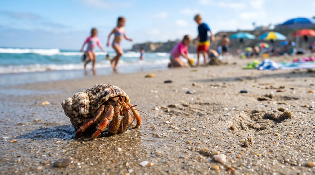 Hermit Crab Crawling on Sandy Beach with Children Playing in Background