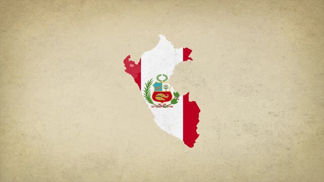 Animated Appearing Peru Map Filled with Flag Isolated on Vintage Background