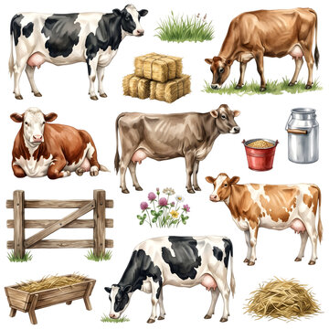 Dairy Cows Farm Cattle Watercolor Clip Art Set with Hay Fence and Milk Can
