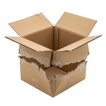 Open empty cardboard box with torn sides isolated on white