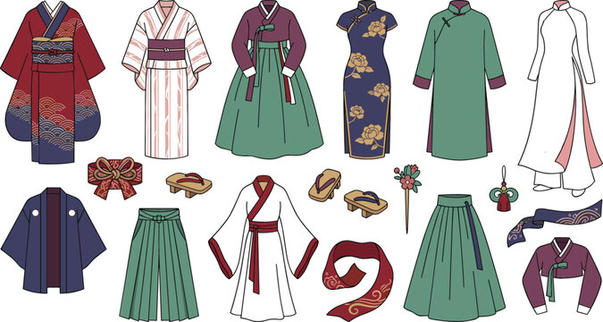 Traditional Asian clothing vector set featuring Japanese kimono hanfu hanbok cheongsam and ao dai dresses with ethnic garments isolated on white background