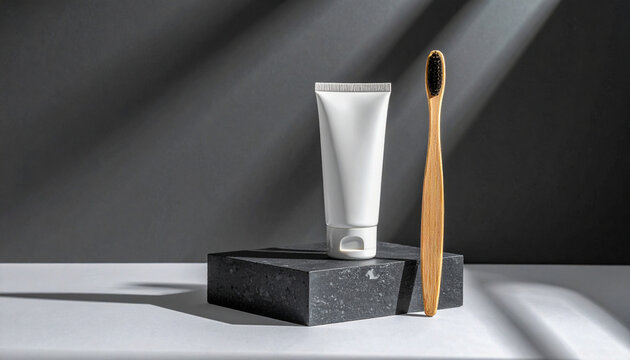 Blank White Toothpaste Tube and Bamboo Toothbrush Mockup on Dark Stone Block with Elegant Studio Shadows