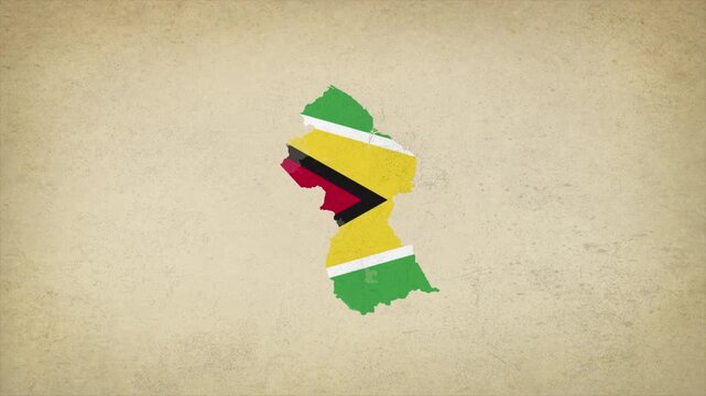 Animated Appearing GUYANA Map Filled with Flag Isolated on Vintage Background