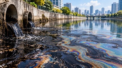 Obraz premium Industrial Wastewater Discharge Polluting Urban River With Oily Contamination Near Modern City Skyline