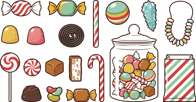 Vector illustration of various colorful candies, sweets, lollipops, caramels, candy canes, and a glass jar filled with treats for graphic design elements.