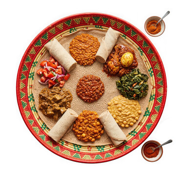 Traditional ethiopian food platter with injera bread, spicy stews, vegetables, and boiled egg isolated on transparent background
