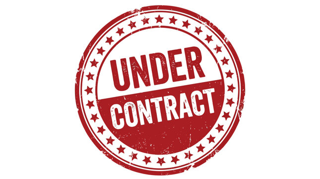 Red textured rubber stamp with stars indicating under contract status for official business legal agreements today