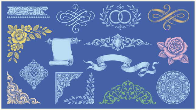 Set of swirls, scrolls, border, corner, frame, and design elements. Flourishes set for retro design, greeting cards, invitations, weddings designs and other. Vector set.