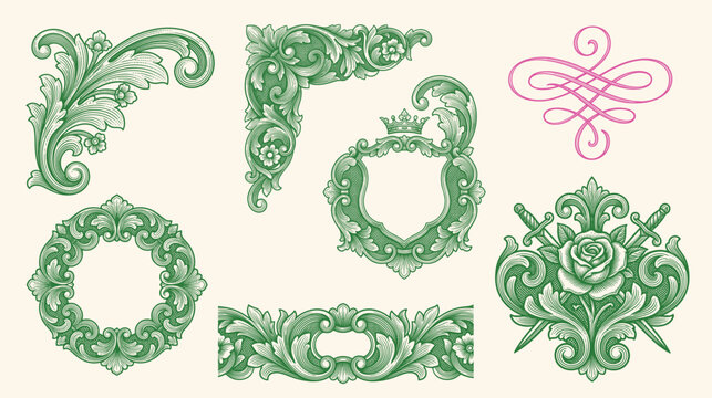 Set of swirls, scrolls, border, corner, frame, and design elements. Flourishes set for retro design, greeting cards, invitations, weddings designs and other. Vector set.