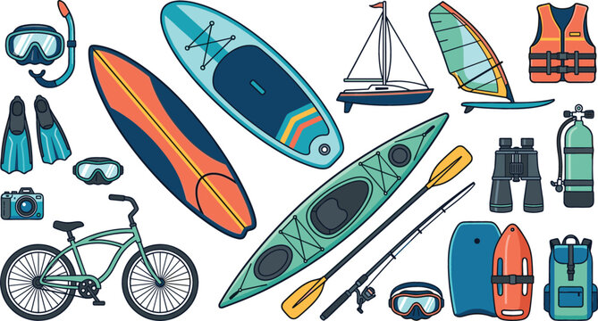 Water Sports and Outdoor Adventure Activity Vector Equipment Set Featuring Surfboard Kayak Bicycle Sailboat Paddleboard Diving Gear and Life Vest Icons
