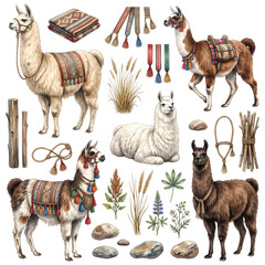 Fototapeta premium Andean Llama and Alpaca Watercolor Clip Art Set with Woven Blanket Tassels and Rope