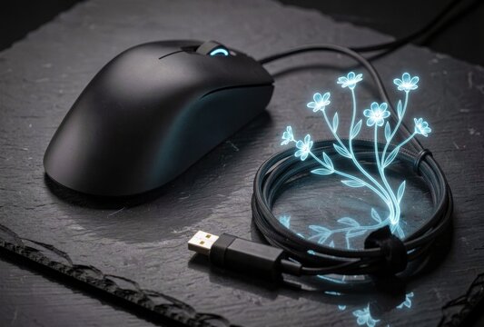 Modern gaming computer mouse with glowing flower wire illustration