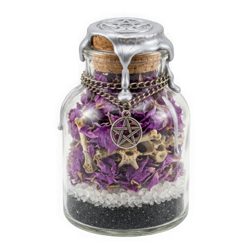 Witchcraft spell jar with pentagram charm isolated on transparent background