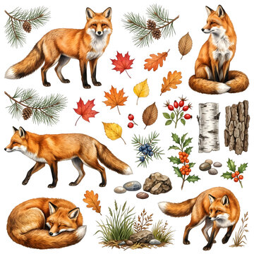 Red Fox Wildlife Watercolor Clip Art Set with Autumn Leaves Pine Cones and Berries