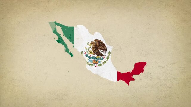 Animated Appearing MEXICO Map Filled with Flag Isolated on Vintage Background