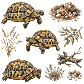 Land Tortoise Reptile Watercolor Clip Art Set with Olive Branch Rocks and Dry Bush