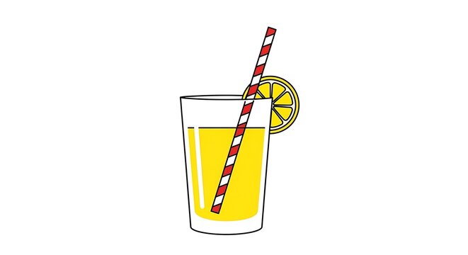 A simple vector illustration of a glass of lemonade with a striped straw and lemon slice