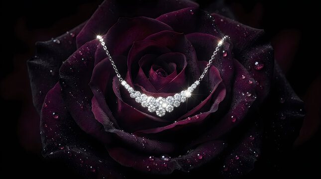 Sparkling diamond necklace resting on a beautiful dark purple rose flower with water droplets