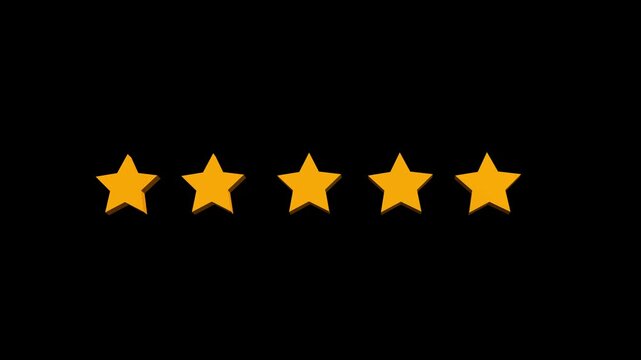 Golden five star rating animation, glowing review icons and customer feedback concept, five stars quality symbol motion graphics for product service satisfaction awards on black screen 4k video