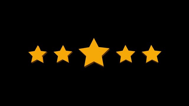 Five golden stars rating animation, customer feedback and review concept with glowing 3d star icons, product service quality satisfaction symbol motion graphics on transparent black background video