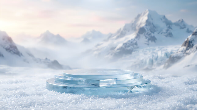 Empty glass podium stand for product display on snowy mountain landscape with winter background