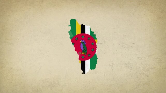 Animated Appearing DOMINICA Map Filled with Flag Isolated on Vintage Background