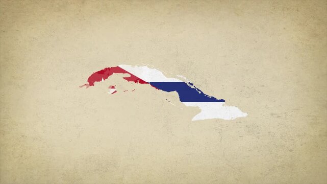 Animated Appearing CUBA Map Filled with Flag Isolated on Vintage Background