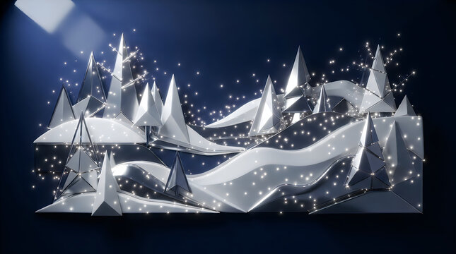 Stylized 3d paper cut winter landscape with pine trees and falling snow at night