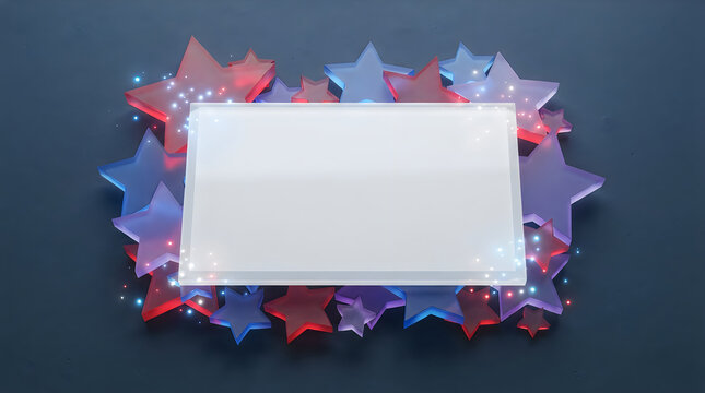 Blank rectangular frame surrounded by glowing red and blue stars on a dark background