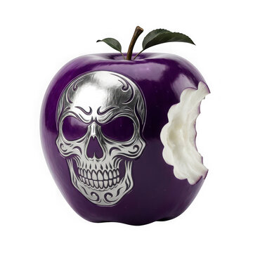 Purple apple with a metallic silver skull design and a bite taken out of it isolated on transparent background