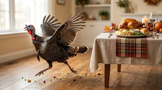 A live wild turkey running inside a kitchen near a table set for a holiday thanksgiving dinner