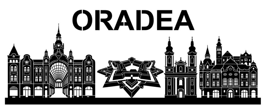 Oradea Romania City Skyline Silhouette Vector Illustration, Black and White Stencil of Vulturul Negru and Cetatea Oradea Fortress Landmarks