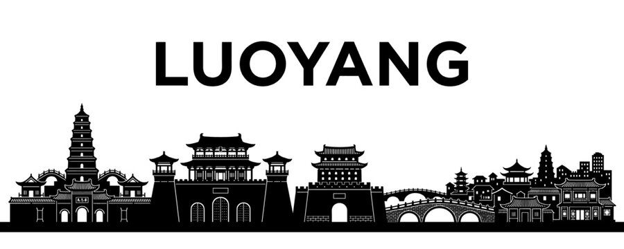 Luoyang China City Skyline Silhouette Black and White Vector Illustration with Famous Landmarks Pagodas and Ancient Gates
