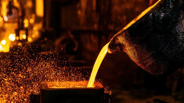 Molten metal pouring from a crucible into a mold in a heavy industrial foundry