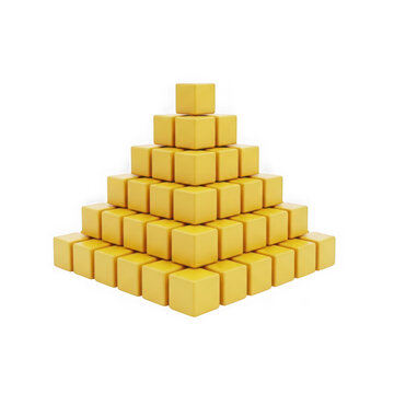 A pyramid made of many small yellow cubes stacked neatly in a geometric shape for business isolated on transparent background , PNG