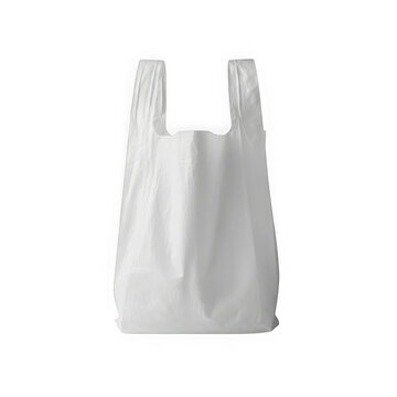 Empty white plastic shopping bag with handle isolated for retail and grocery store packaging isolated on transparent background , PNG