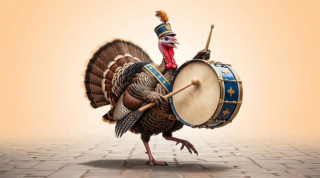 Funny turkey bird wearing a military hat and playing a large drum for a thanksgiving parade
