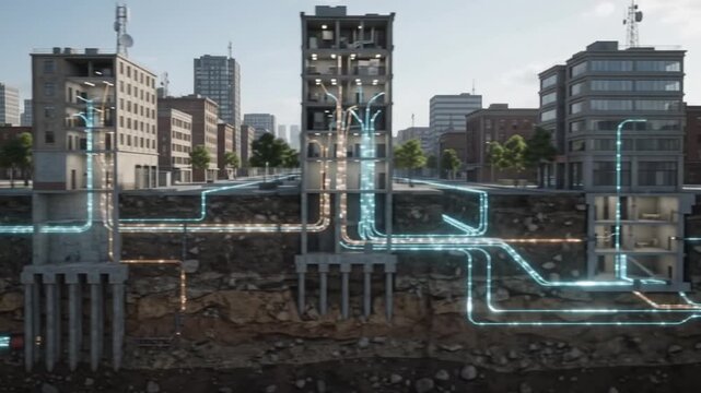 Underground city utility infrastructure showing glowing digital data pipelines flowing through subterranean layers beneath modern urban office building animation footage