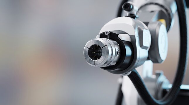 Macro View of Robotic EV Charging Arm Connector Head and Cameras with Copy Space