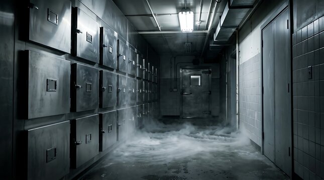 Dark hallway with industrial metal lockers