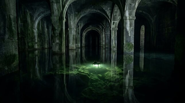 Mysterious glowing portal in ancient stone room