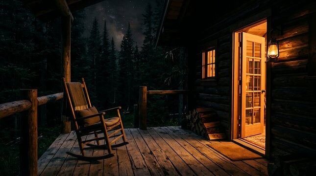 Old wooden rocking chair on porch at night