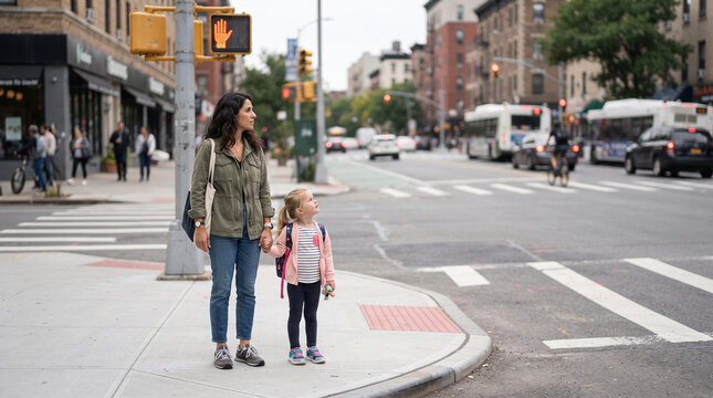 Mother and daughter holding hands at a city crosswalk, waiting for traffic